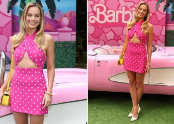 Margot Robbie con vestito rosa di Barbie